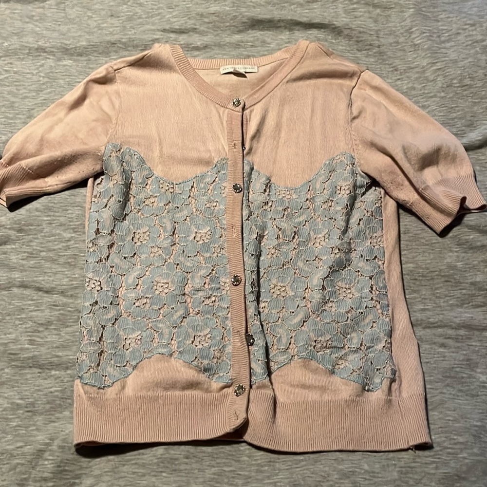 Tan cardigan with light blue lace detail